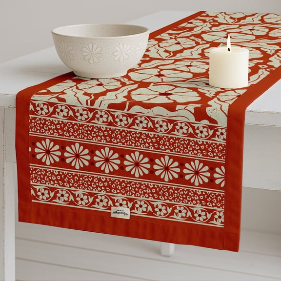 Vargottam 100% Cotton Table Runner - Double Layered with Side Borders - Table Linen - Floral Print for Dining, Console & Coffee Tables