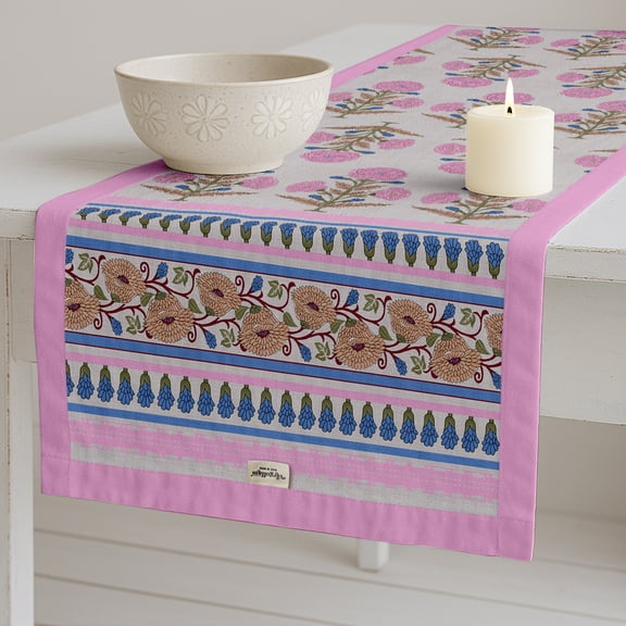 Vargottam 100% Cotton Table Runner - Double Layered with Side Borders - Table Linen - Floral Print for Dining, Console & Coffee Tables