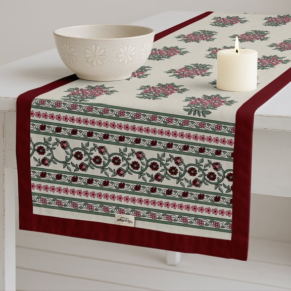 Vargottam 100% Cotton Table Runner - Double Layered with Side Borders - Table Linen - Floral Print for Dining, Console & Coffee Tables