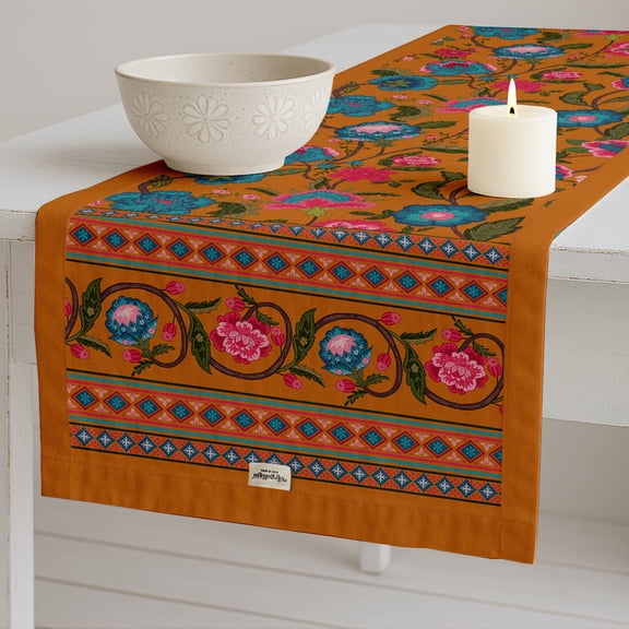 Vargottam 100% Cotton Table Runner - Double Layered with Side Borders - Table Linen - Floral Print for Dining, Console & Coffee Tables