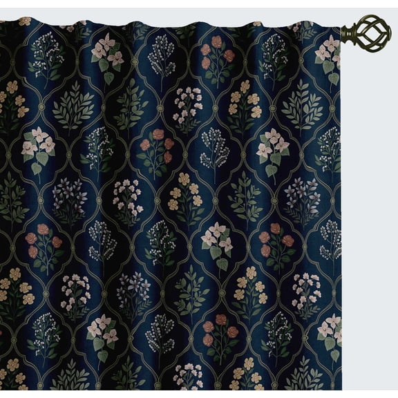 Vargottam 84 Inch Rod Pocket/Back Tab Cotton Curtains for Windows and Doors - Light Filtering Cotton Canvas - Light Filtering Drapes for Doors - Set of 2 Panels, 52"x84" - Floral Design (Blue)