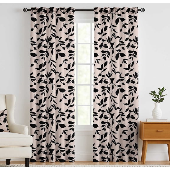 Vargottam 84 Inch Rod Pocket/Back Tab Cotton Curtains for Windows and Doors - Light Filtering Cotton Canvas - Light Filtering Drapes for Doors - Set of 2 Panels, 52"x84" - Leaves Design (White)