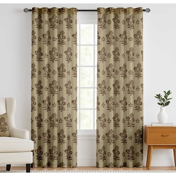 Vargottam 84 Inch Rod Pocket/Back Tab Cotton Curtains for Windows and Doors - Light Filtering Cotton - Light Filtering Drapes For Doors - Set of 2 Panels, 52"x84" - Block Floral Design (Brown)