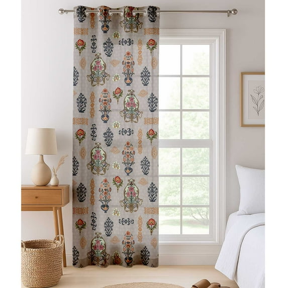 Vargottam Aztec Motif Design Sheer Curtains for Tall Doors & Windows - Set of 2, 90", Grommet Top, Printed Georgette Light Filtering Panels for Home Decor