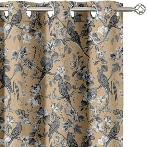 Vargottam Bird & Blooms Design Blackout Curtains - Set of 2 Panels, 52 x 108 Inches Each - Light Blocking & Thermal Insulated Drapes with Grommet Top for Bedroom & Living Room - Taupe