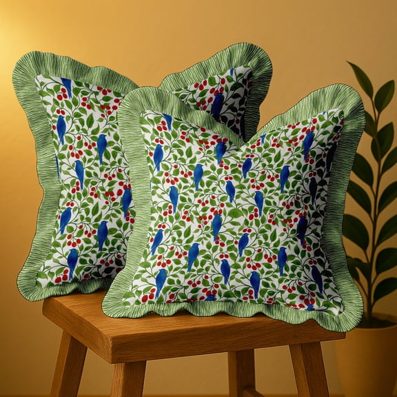 Vargottam Bird Design, Decorative Cushion Covers 18x18 - 100% Cotton Twill Set of 2 with Ruffle Edges, Farmhouse Print, Concealed Zipper Closure, No Fillers