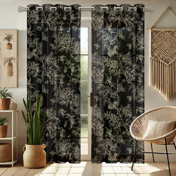 Vargottam Black Floral And Bird Print Sheer Georgette Curtains for Windows & Small Doors - Set of 2 Panels, 72" Long, Grommet Top, Printed Light Filtering Drapes for Living Room or Study