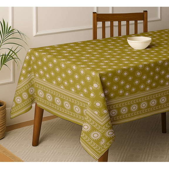Vargottam Block Print Tablecloth - Green Cotton Twill Fabric, 54x54 Inch Square Dining Table Cover for 4 Seater, Durable, Everyday Dining & Parties, Matching Napkins & Runners Available