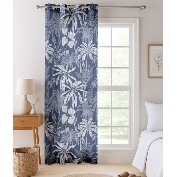 Vargottam Blue Tropical Tree Pattern Sheer Georgette Curtains for Windows & Small Doors - Set of 2 Panels, 72" Long, Grommet Top, Printed Light Filtering Drapes for Living Room or Study