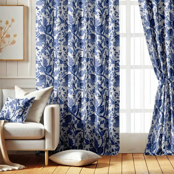 Vargottam Botanical Floral Design Blackout Curtains - Set of 2 Panels, 52 x 108 Inches Each - Light Blocking & Thermal Insulated Drapes with Grommet Top for Bedroom & Living Room - Blue