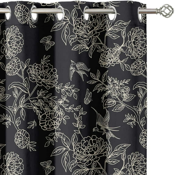 Vargottam Botanical Line Art Design Blackout Curtains - Set of 2 Panels, 52 x 96 Inches Each - Light Blocking & Thermal Insulated Drapes with Grommet Top for Bedroom & Living Room - Black