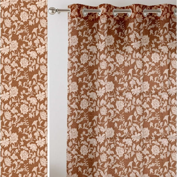 Vargottam Brown Floral Vines Print Sheer Curtains for Tall Doors & Windows - Set of 2, 90", Grommet Top, Printed Georgette Light Filtering Panels for Home Decor