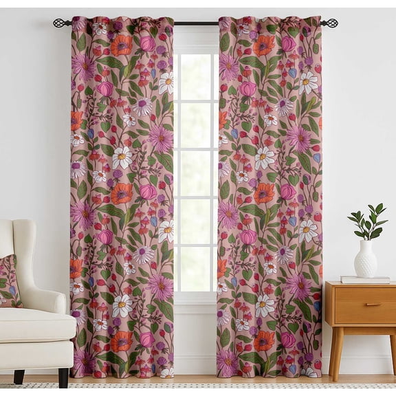 Vargottam Cotton Canvas Curtains - 90" Long Drapes for Tall Windows or Balcony Doors - Set of 2 Panels, 52"x90" - Light Filtering Rod Pocket/Back Tab Drapes, 3-in-1 Hanging - Floral Design (Pink)