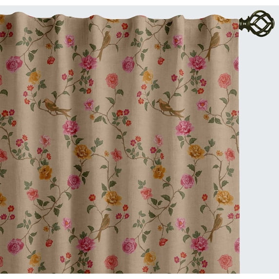 Vargottam Cotton Curtains- Pockets/Tab Farmhouse Drapes for Living Room or Bedroom Windows- Light Filtering- 3-Way Hanging Style- Set of 2 Panels, 52"x72"- Rose Vine And Bird Print (Beige)