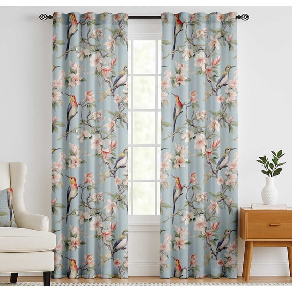 Vargottam Cotton Curtains for Windows - 3-in-1 Rod Pocket/Back Tab Short Window Drapes - Light Filtering Cotton Canvas Panels - Set of 2, 52"x 63" - Bird Print (Blue)