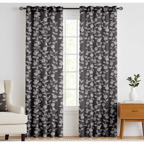 Vargottam Cotton Curtains for Windows - 3-in-1 Rod Pocket/Back Tab Short Window Drapes - Light Filtering Cotton Canvas Panels - Set of 2, 52"x63" - Floral Print (Gray)
