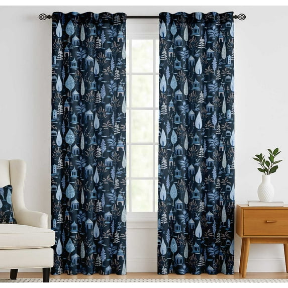 Vargottam Cotton Curtains for Windows - 3-in-1 Rod Pocket/Back Tab Short Window Drapes - Light Filtering Cotton Canvas Panels - Set of 2, 52"x63" - Tree Print (Blue)