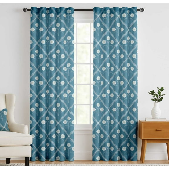 Vargottam Cotton Curtains for Windows - 3-in-1 Rod Pocket/Back Tab Short Window Drapes - Light Filtering Cotton Panels - Set of 2, 52"x63" - Diamond Floral Design (Blue)