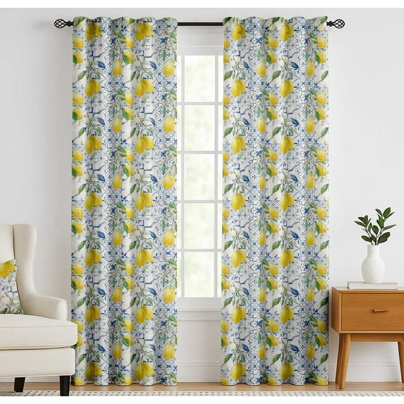 Vargottam Cotton Curtains for Windows - 3-in-1 Rod Pocket/Back Tab Short Window Drapes - Light Filtering Cotton Panels - Set of 2, 52"x63" - Lemon And Vine Print (Yellow)