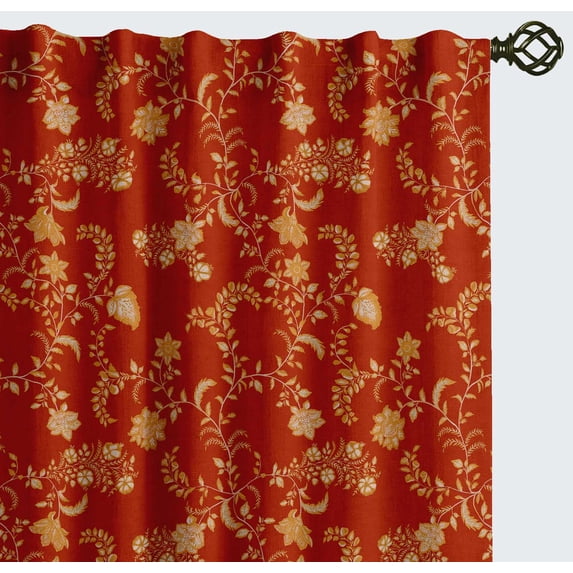 Vargottam Cotton Rod Pocket/Back Tab Curtains - 96" Floor-Length Drapes for Long Doors or Large Windows - Light Filtering, 3-in-1 Header - Set of 2, 52"x96" - Motif Vine Design (Orange)