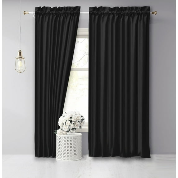 Vargottam Cotton Slub Black Curtains 46 Inch Window Curtain 2-Panel Rod Pocket Living Room Drapes Curtain Set