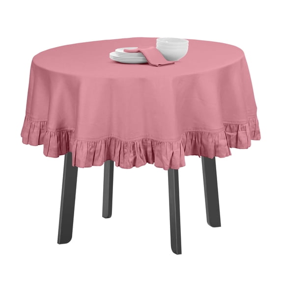 Vargottam Cotton Table Linens Ruffle Tablecloth, Round Table Cover Protector Solid Tablecloth, Farmhouse Tabletop Washable, Light Pink-54 Inches Diameter