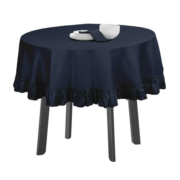 Vargottam Cotton Table Linens Ruffle Tablecloth, Round Table Cover Protector Solid Tablecloth, Farmhouse Tabletop Washable, Navy Blue-64 Inches Diameter