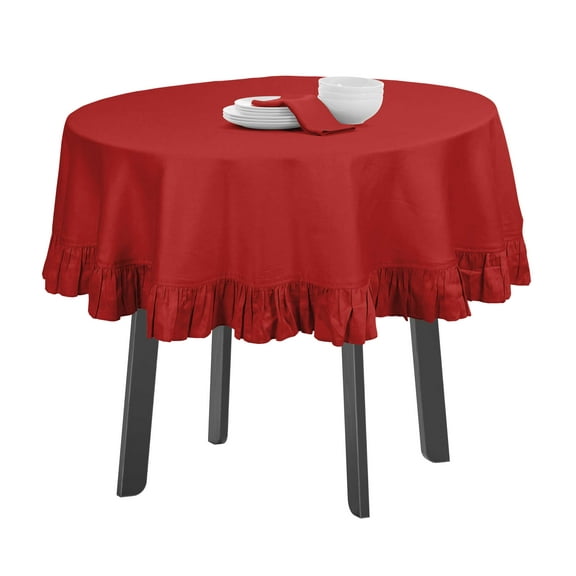 Vargottam Cotton Table Linens Ruffle Tablecloth, Round Table Cover Protector Solid Tablecloth, Farmhouse Tabletop Washable, Red-69 Inches Diameter