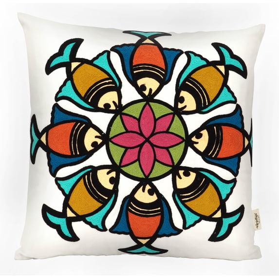 Vargottam Decorative Embroidered Boho Pillow Cover - Handmade Cushion Covers Bohemian Throw Pillows with Fish Patterns and Invisible Zipper - Square 18x18 Pillow Cover
