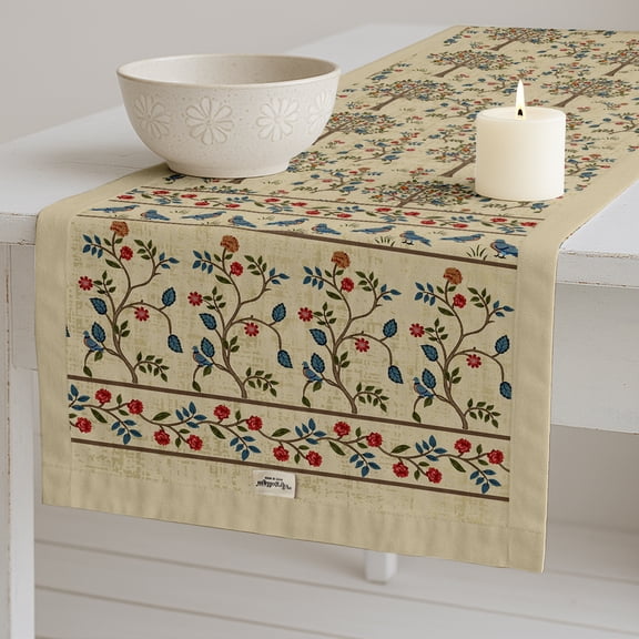 Vargottam Decorative Table Runner - Double-Layered Cotton - 14 x 72 Inch with Elegant Border - Durable - For Rustic, Boho & Modern Dcor - Tree