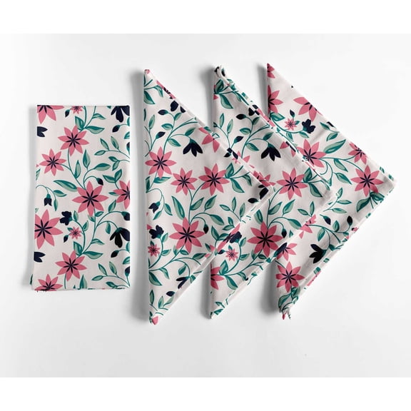 Vargottam Designer Cotton Canvas Napkins - Set of 12, 20-Inch, White Floral Print, Durable & Absorbent Cloth Napkins for Dining, Parties, and Home Decor - Machine Washable