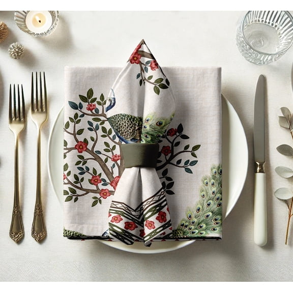 Vargottam Designer Cotton Twill Napkins - Set of 12, 20-Inch, Bird Design, Durable & Absorbent Cloth Napkins for Dining, Parties, and Home Decor - Machine Washable