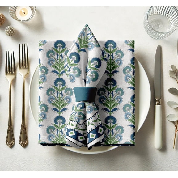 Vargottam Designer Cotton Twill Napkins - Set of 12, 20-Inch, Block Pattern, Durable & Absorbent Cloth Napkins for Dining, Parties, and Home Decor - Machine Washable