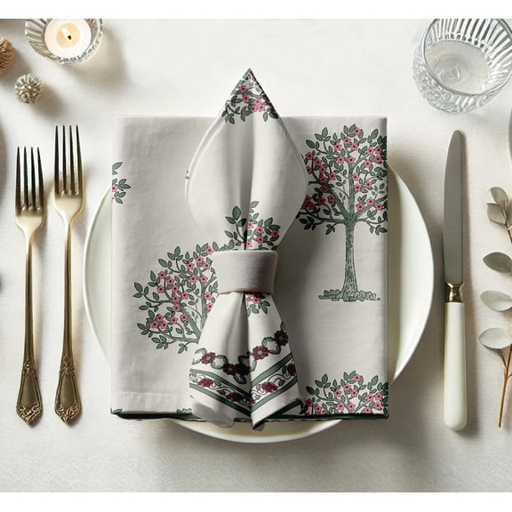Vargottam Designer Cotton Twill Napkins - Set of 12, 20-Inch, Tree Print, Durable & Absorbent Cloth Napkins for Dining, Parties, and Home Decor - Machine Washable