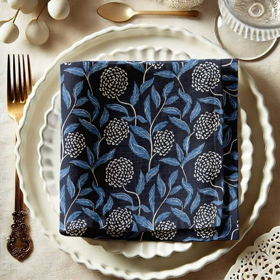 Vargottam Elegant Floral Print on Blue Cotton Muslin Napkins - Set of 12, 20x20 Inches, Luxurious Self-Check Texture, Perfect for Upscale Dining, Weddings, and Events - Machine Washable