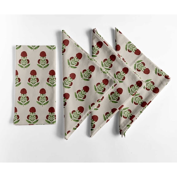 Vargottam Ethnic Bloom Block Print Cotton Napkins - Set of 12, 20x20 Inches, Red Floral Motifs Table Napkins, Handcrafted for a Timeless and Traditional Look - Machine Washable