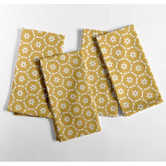 Vargottam Ethnic Geometric Daisy Block Print Cotton Napkins - Set of 12, 20x20 Inches, Yellow Floral Motifs Table Napkins, Handcrafted for a Timeless and Traditional Look - Machine Washable