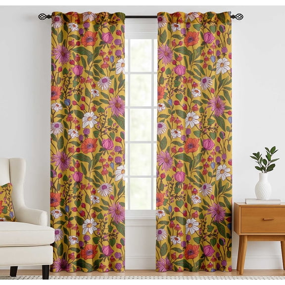 Vargottam Extra Long Cotton Curtains - 108" Length Drapes for High Ceilings or French Doors - 52"x108", Light Filtering Rod Pocket/Back Tab Drapes, Set of 2 Panels - Floral Design (Yellow)