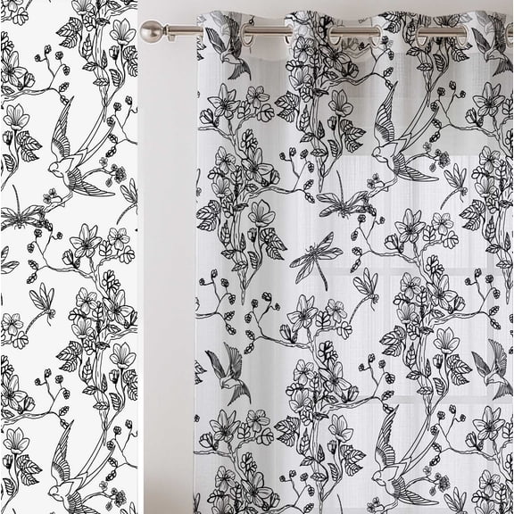 Vargottam Floral And Bird Print Sheer Curtains for Short Windows - Set of 2 Panels, 63", Grommet Top, Printed Georgette, Light Filtering Drapes for Kitchen or Bedroom
