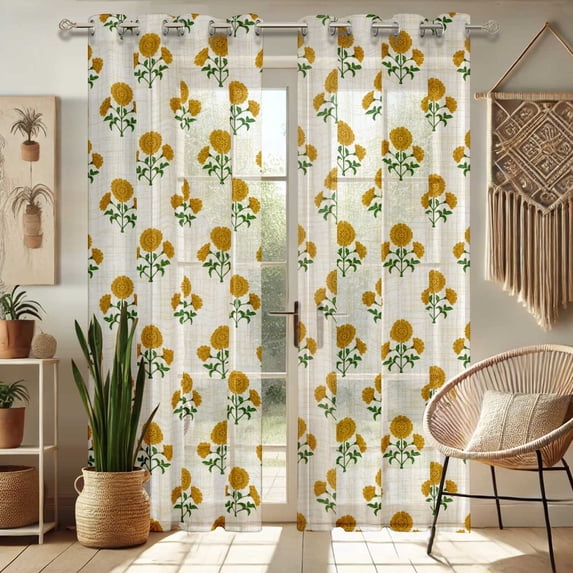 Vargottam Floral Block Print Sheer Curtains for Tall Doors & Windows - Set of 2, 90", Grommet Top, Printed Georgette Light Filtering Panels for Home Decor