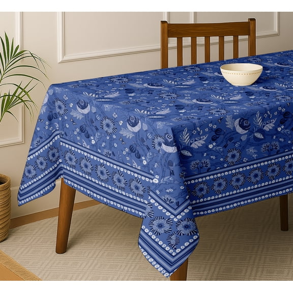 Vargottam Floral Design Cotton Tablecloth - Blue 60x90 Inch Dining Table Cover, Suitable for 6 Seater Tables, Strong & Long-Lasting Fabric, Reusable, Perfect for Daily Dining, Weddings & Parties