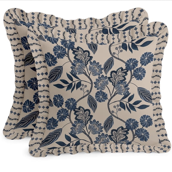 Vargottam Floral Pattern Design, Decorative Cushion Covers 18x18 - 100% Cotton Twill Set of 2 with Ruffle Edges, Farmhouse Print, Concealed Zipper Closure, No Fillers