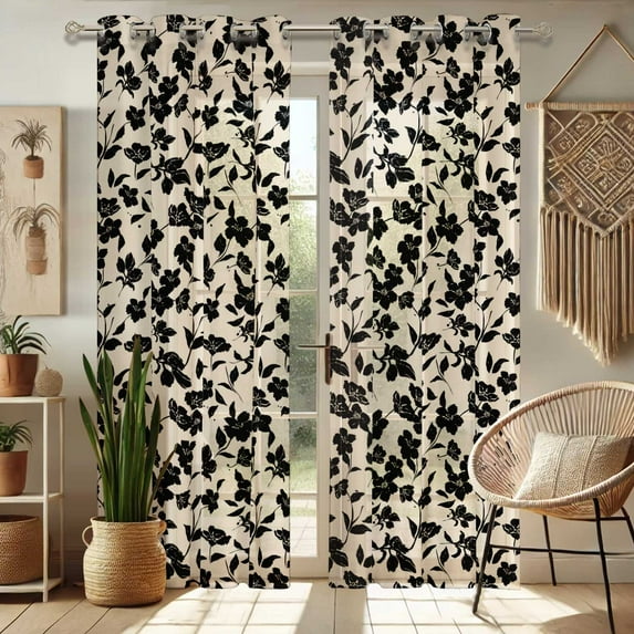 Vargottam Floral Pattern Sheer Georgette Curtains for Windows & Small Doors - Set of 2 Panels, 72" Long, Grommet Top, Printed Light Filtering Drapes for Living Room or Study