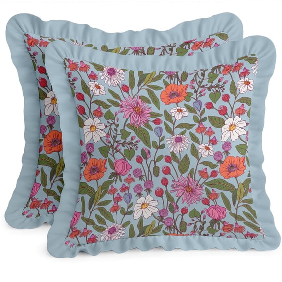 Vargottam Floral Print, Decorative Cushion Covers 16x16 - 100% Cotton Twill Set of 2 with Ruffle Edges, Farmhouse Print, Concealed Zipper Closure, No Fillers