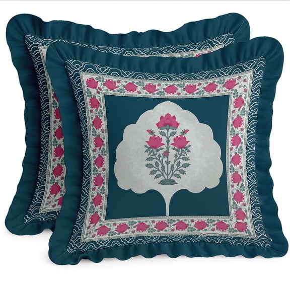 Vargottam Floral Print, Decorative Cushion Covers 16x16 - 100% Cotton Twill Set of 2 with Ruffle Edges, Farmhouse Print, Concealed Zipper Closure, No Fillers