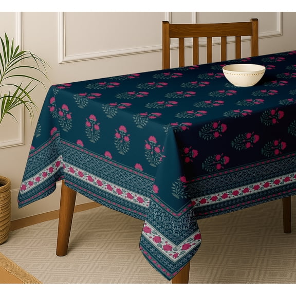 Vargottam Floral Print Tablecloth - Blue Cotton Twill Fabric, 54x54 Inch Square Dining Table Cover for 4 Seater, Durable, Everyday Dining & Parties, Matching Napkins & Runners Available