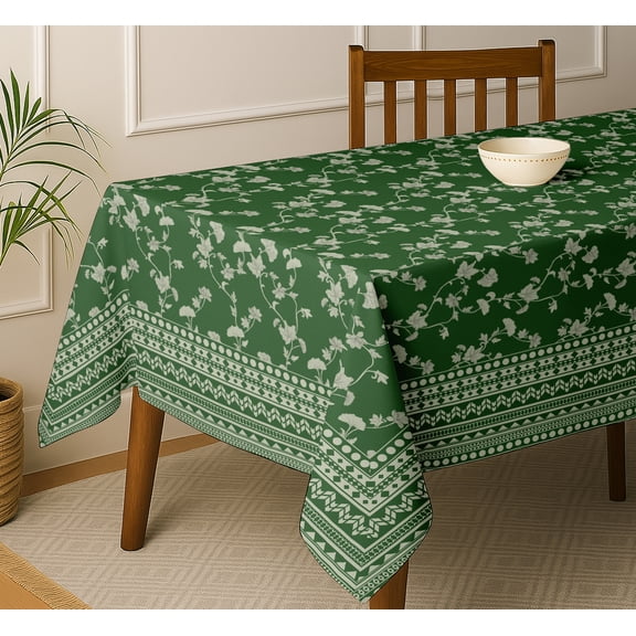 Vargottam Floral Print Tablecloth - Green Cotton Twill Fabric, 54x54 Inch Square Dining Table Cover for 4 Seater, Durable, Everyday Dining & Parties, Matching Napkins & Runners Available