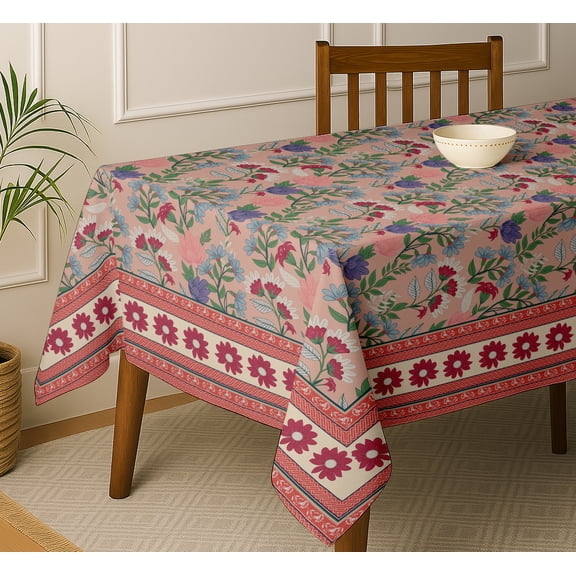 Vargottam Floral Print Tablecloth - Pink Cotton Twill Fabric, 54x54 Inch Square Dining Table Cover for 4 Seater, Durable, Everyday Dining & Parties, Matching Napkins & Runners Available