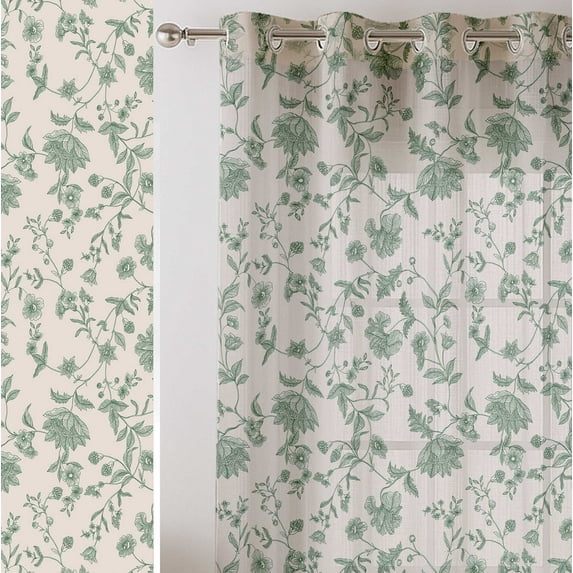 Vargottam Floral Vines Design Sheer Curtains for Tall Doors & Windows - Set of 2, 90", Grommet Top, Printed Georgette Light Filtering Panels for Home Decor