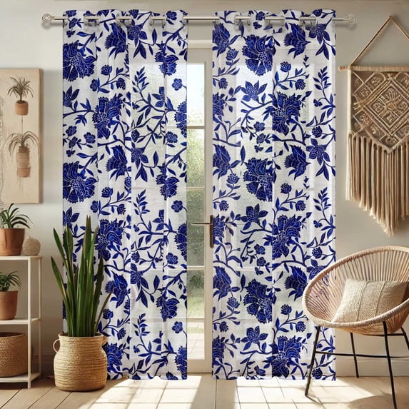 Vargottam Floral Vines Pattern Extra Long Sheer Curtains for Double Height Windows & Doors - Set of 2 Panels, 108", Grommet Top, Light Filtering Printed Georgette Drapes
